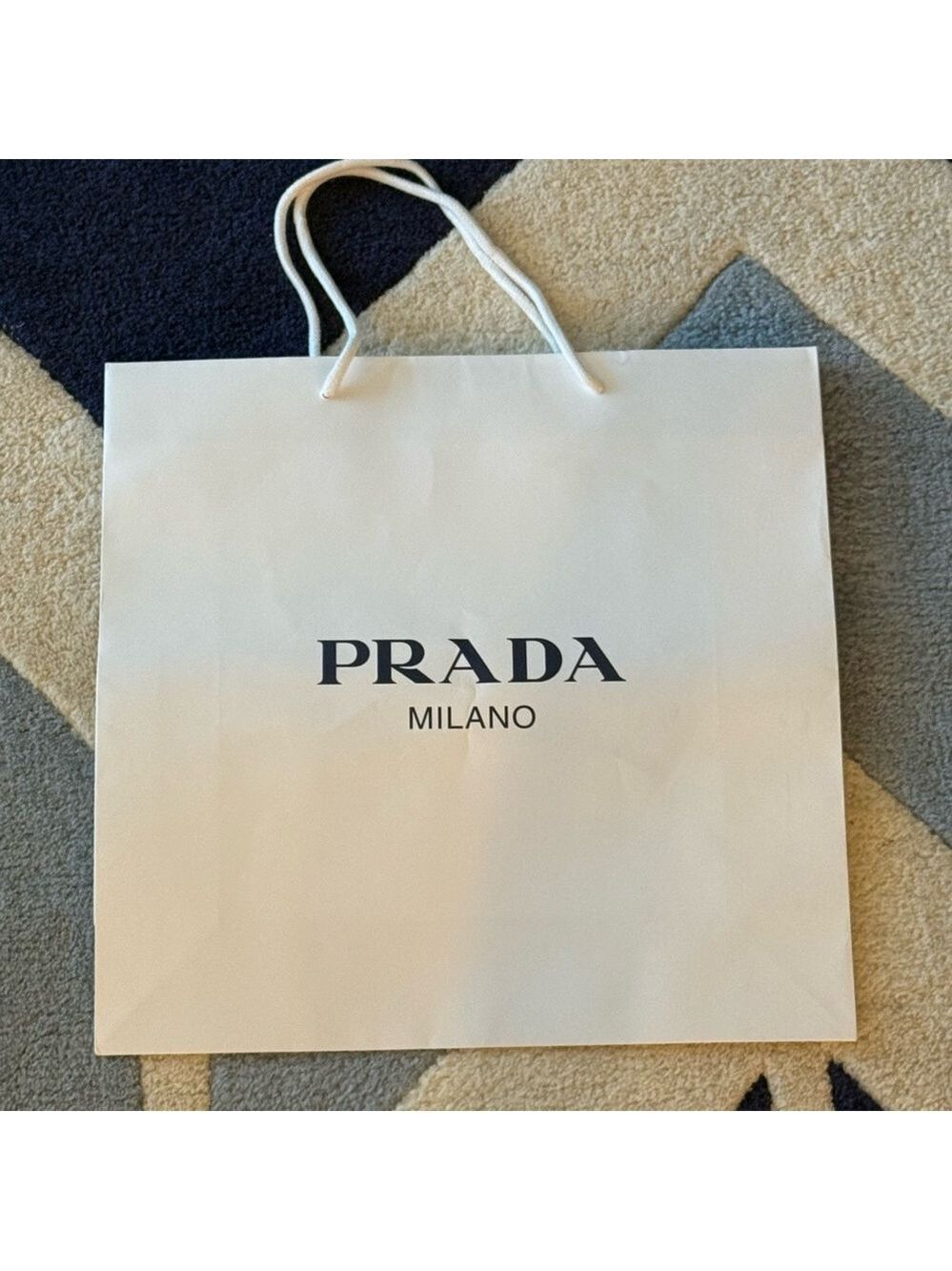 Prada Milano Boutique Classic White Large  Shopping Bag w/ Navy Blue Logo